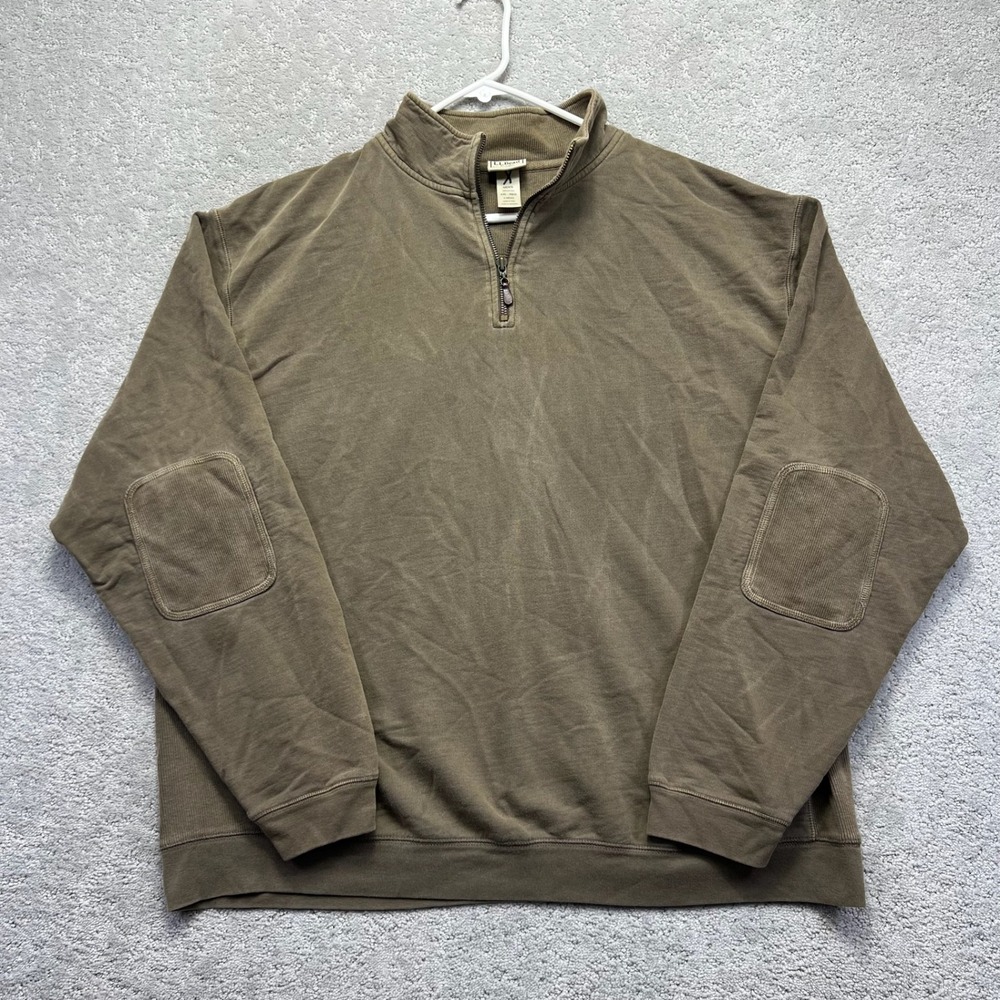 LL Bean Pullover Sweatshirt Men XXL Brown Quarter Zip Elbow Patches Rugged Cabin